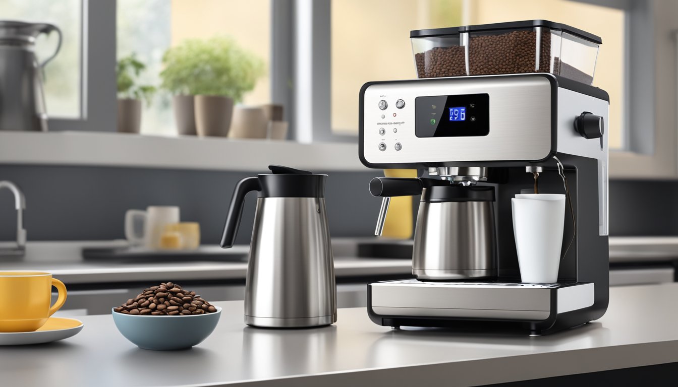 A bean to cup coffee maker sits on a clean, modern kitchen counter. Fresh coffee beans are loaded into the top compartment, and a steaming cup of coffee sits ready below the spout