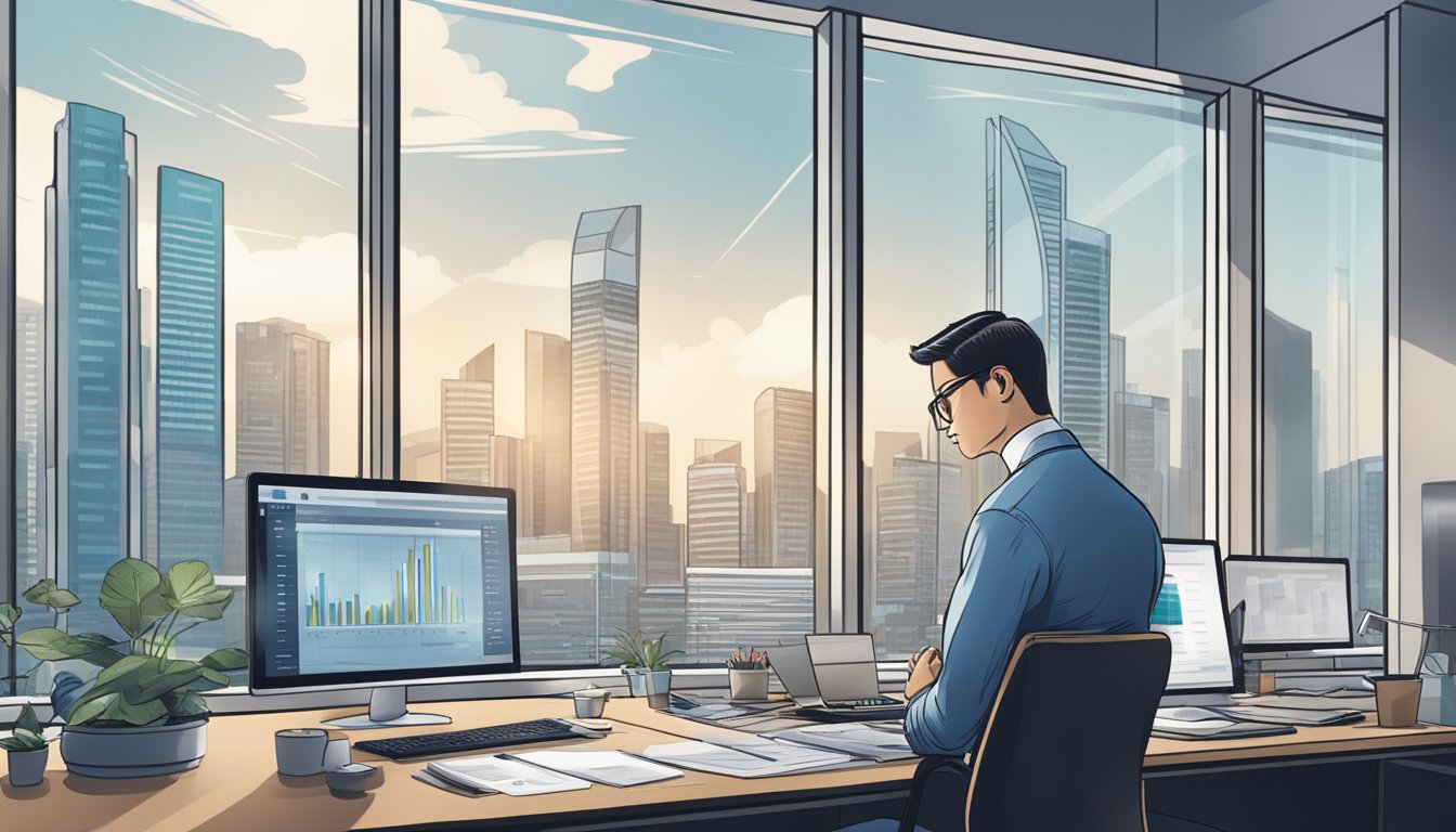 An accountant sits at a desk in a modern office in Singapore, surrounded by financial reports and charts. The city skyline is visible through the window, reflecting the fast-paced and dynamic nature of the profession