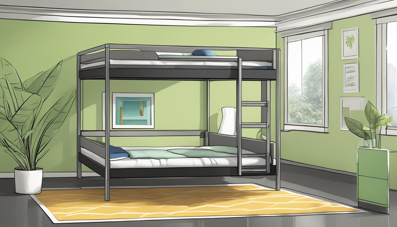 A sleek and sturdy super single bunk bed, with smooth, clean lines and high-quality materials, set against a modern bedroom backdrop