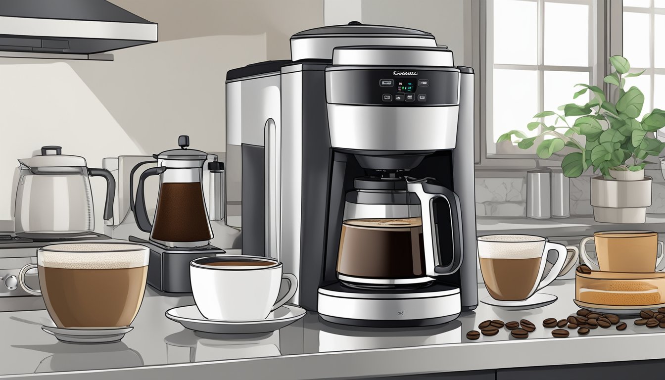 A bean-to-cup coffee maker sits on a clean countertop, surrounded by freshly ground coffee beans and a frothing pitcher. A steaming cup of coffee is placed next to the machine, ready to be enjoyed