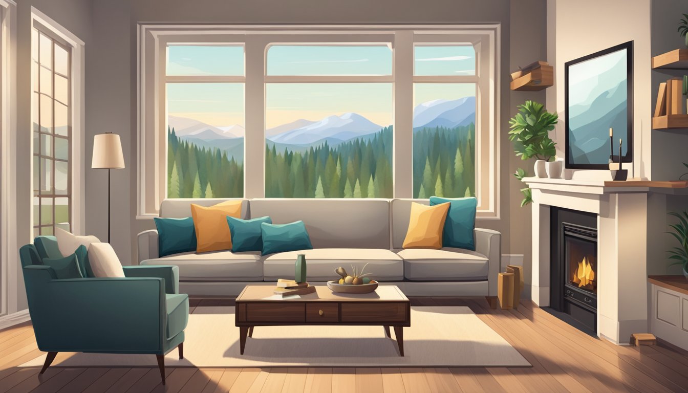 A small living room with two sitting areas, one centered around a cozy fireplace and the other focused on a large window with a scenic view