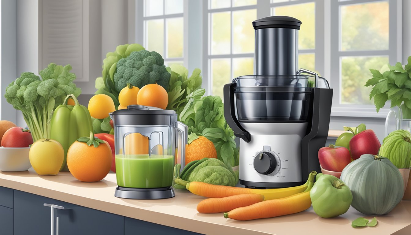 A juicer and a blender sit side by side on a kitchen counter, surrounded by a variety of colorful fruits and vegetables