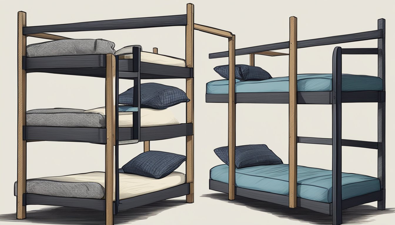 Two bunk beds with mattresses, one on top of the other