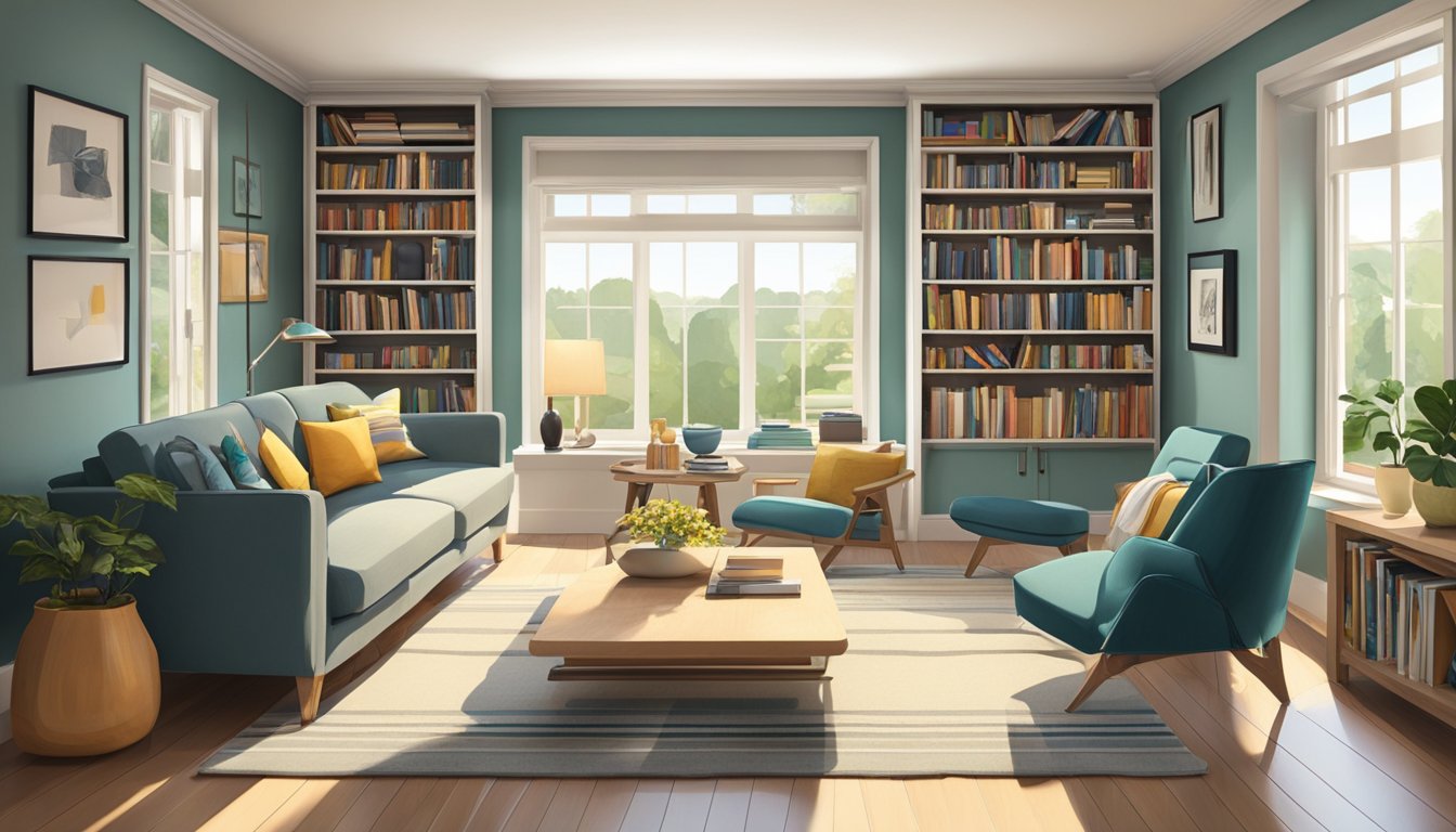 A small living room with two separate sitting areas, each with a comfortable sofa and a coffee table. The room is well-lit with natural light coming in from a large window, and there are shelves filled with books and decorative items on the walls