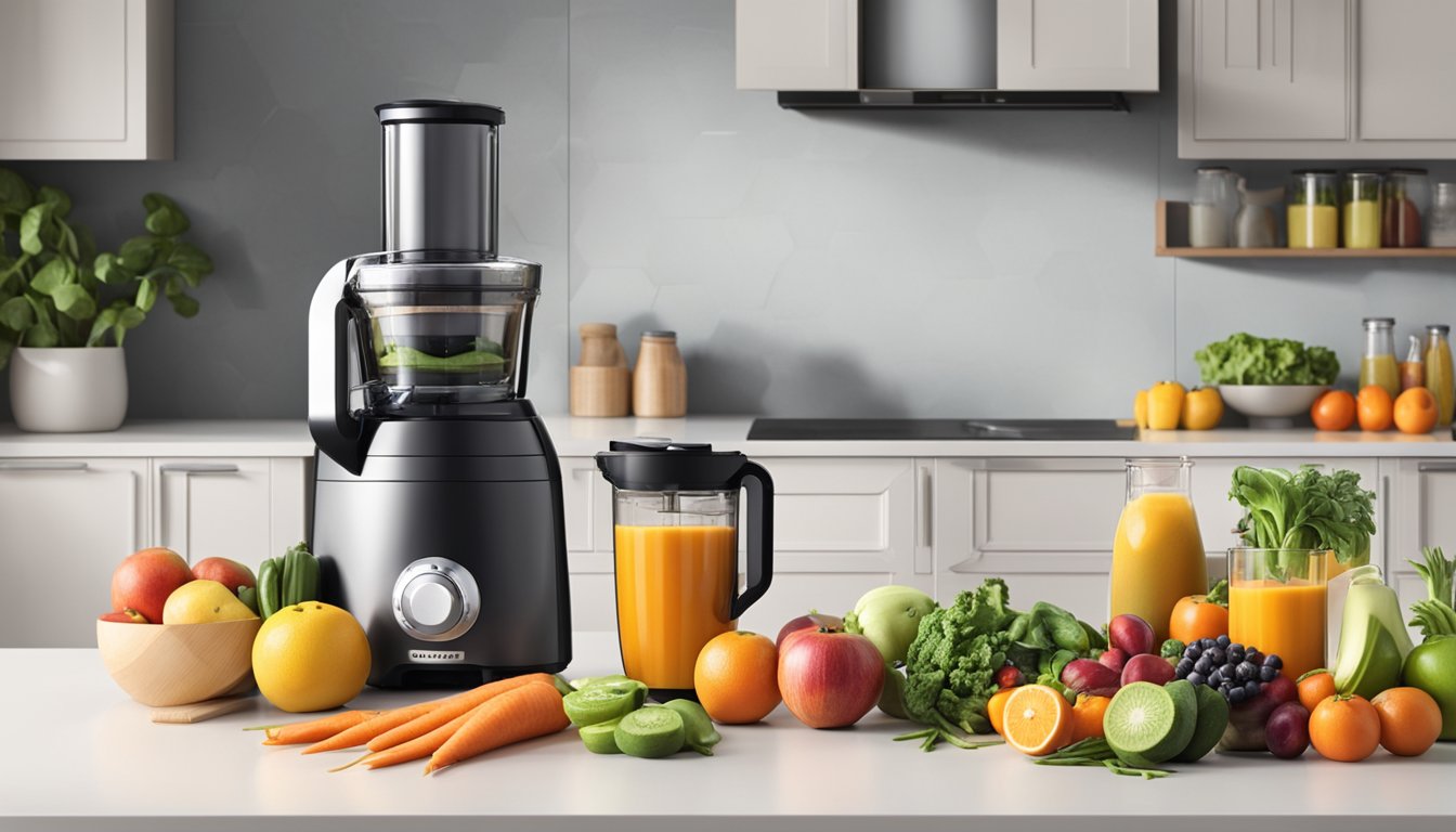 A juicer and a blender sit side by side on a kitchen countertop, with various fruits and vegetables scattered around them. The juicer has a sleek, modern design, while the blender is more compact and versatile