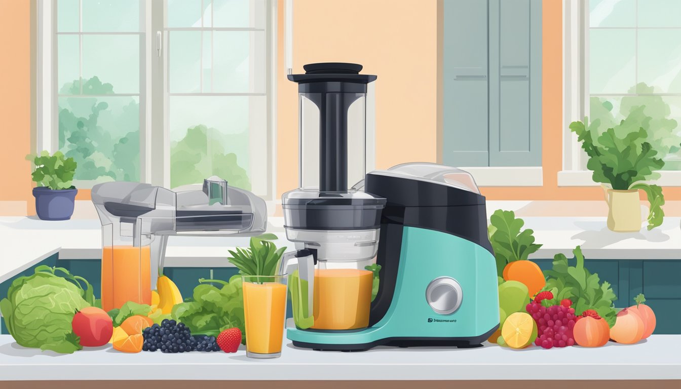 A juicer and blender sit side by side on a kitchen counter, surrounded by an array of colorful fruits and vegetables. The juicer is filled with leafy greens, while the blender is filled with frozen berries and yogurt