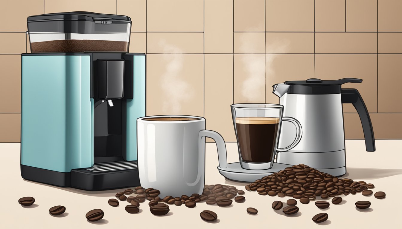 A bean to cup coffee maker sits on a clean kitchen counter, surrounded by freshly ground coffee beans, a sleek milk frother, and a stack of clean mugs