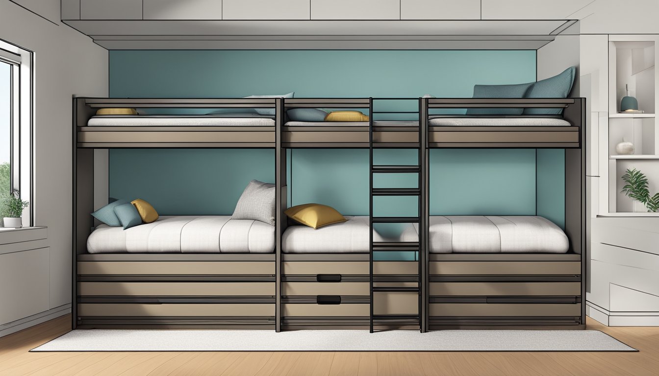 Bunk beds with mattresses, ladder, and storage drawers. Clean, modern design with sleek lines and sturdy construction