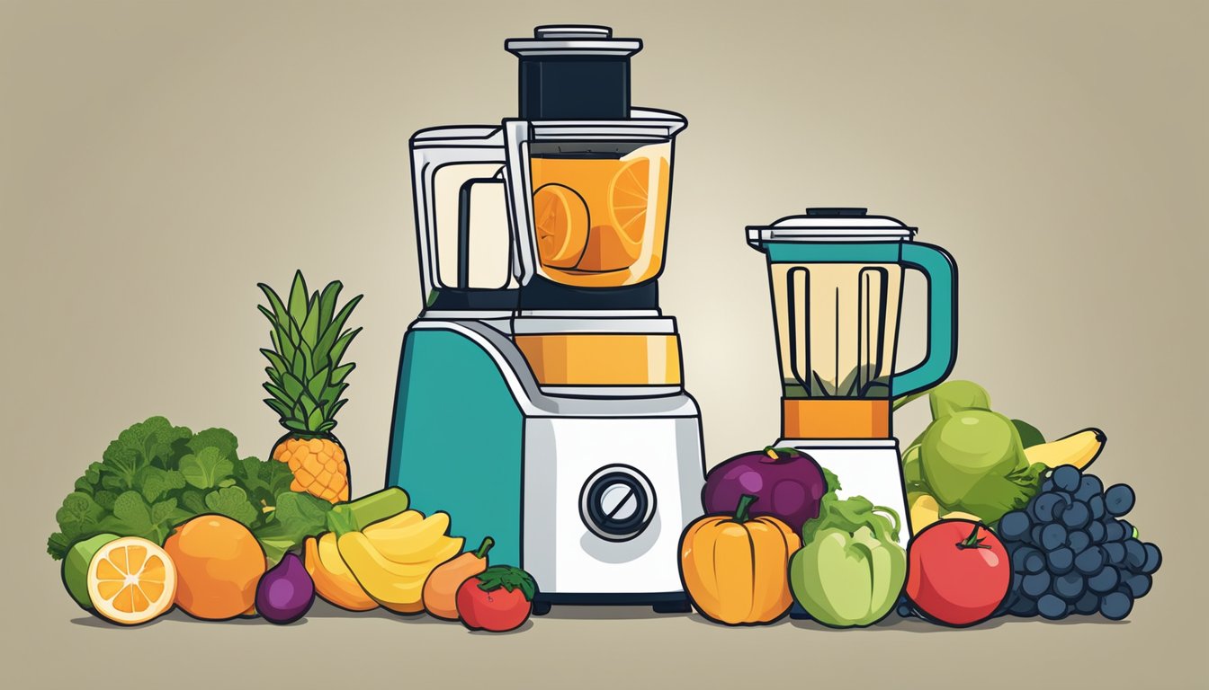 A juicer and a blender sit side by side, surrounded by various fruits and vegetables. A question mark hovers above each appliance, indicating the debate between the two
