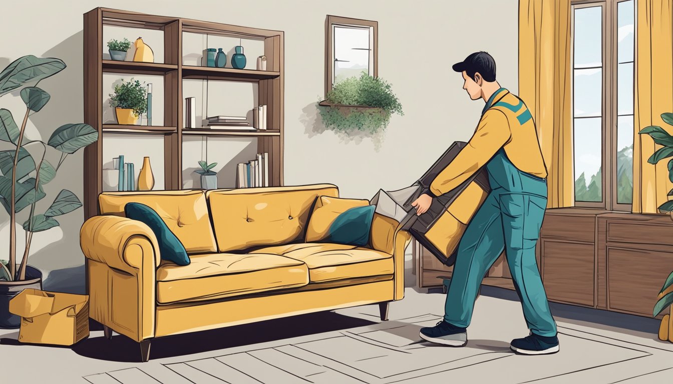 A person removing an old sofa from a living room, planning the logistics of the removal process