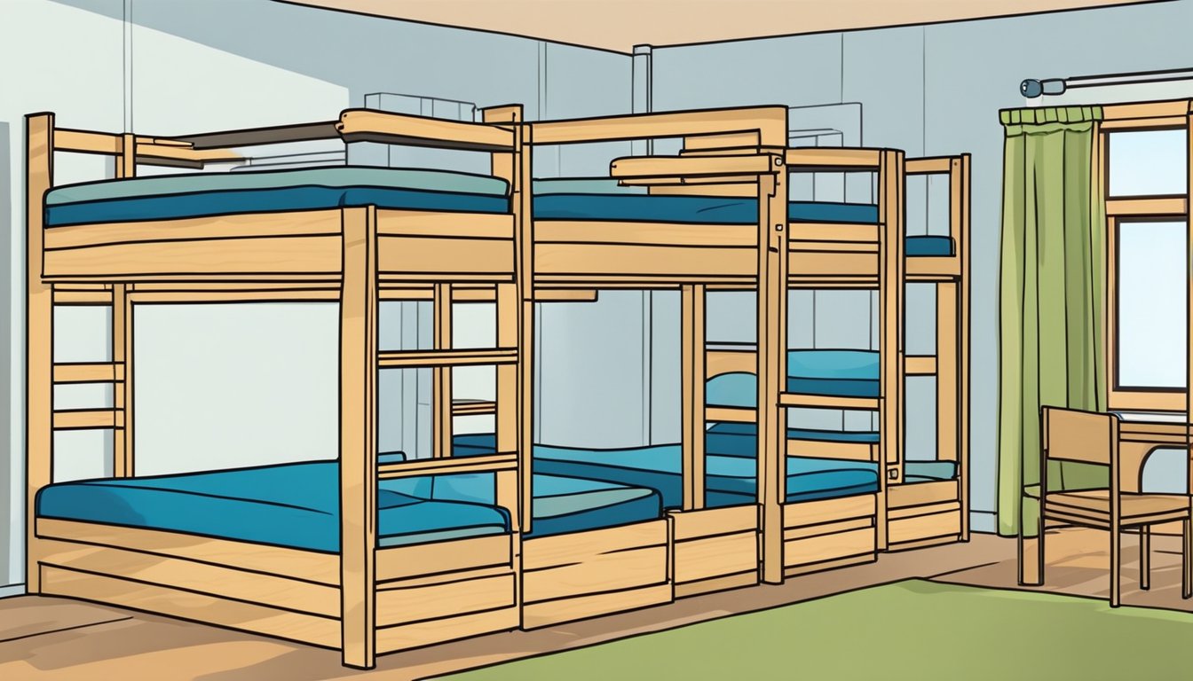 Two bunk beds, one above the other, with mattresses included. The beds are made of sturdy wood and have built-in ladders for easy access