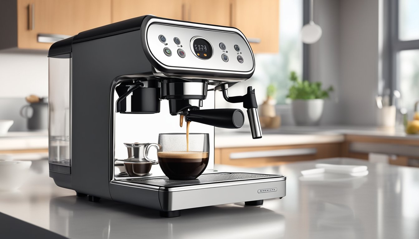 A bean to cup coffee maker sits on a clean kitchen counter, steam rising from the spout as a fresh cup of coffee is being poured