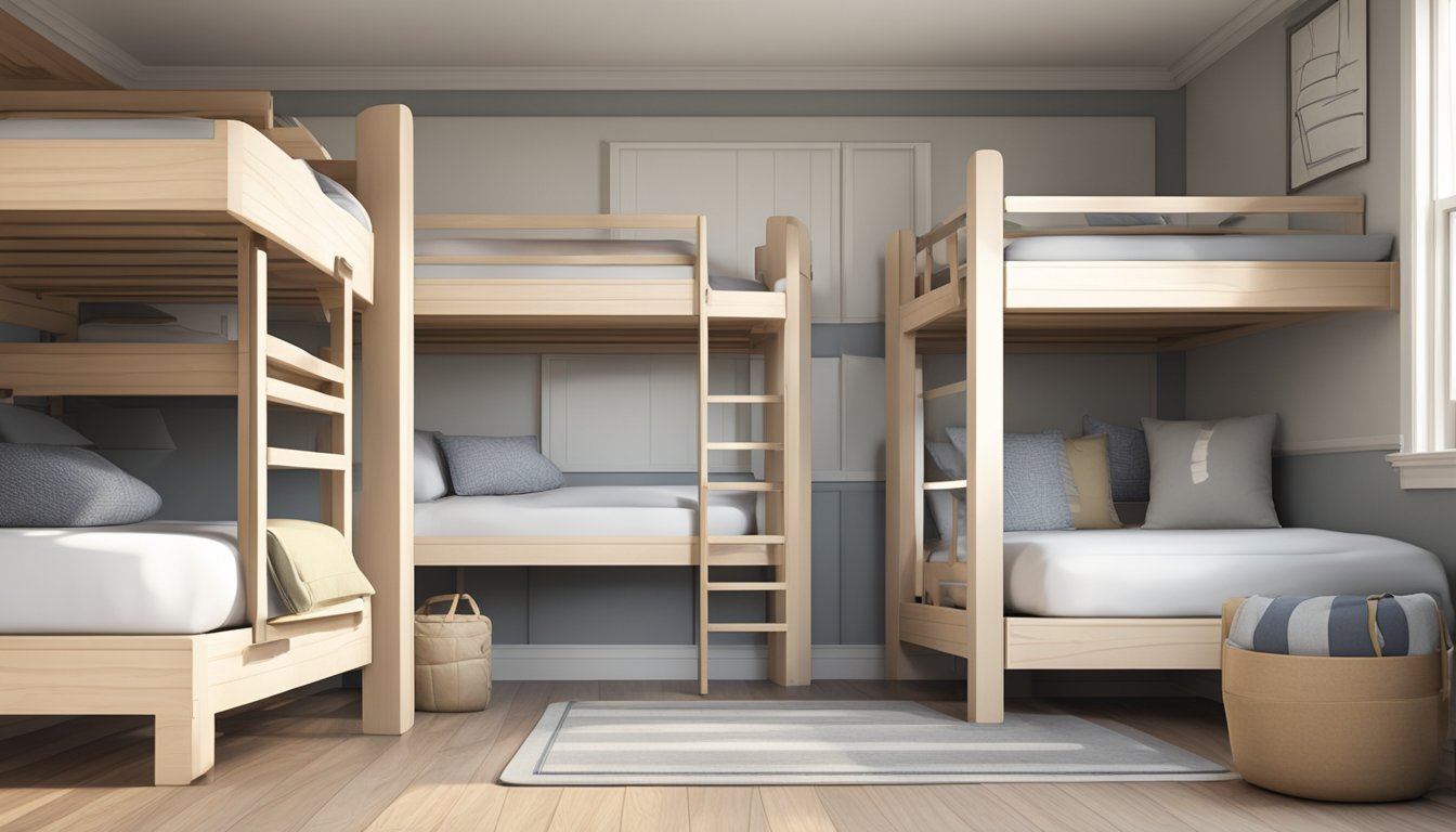 Two bunk beds with mattresses, ladder, and safety rail. Room is tidy and well-lit. Walls are a neutral color