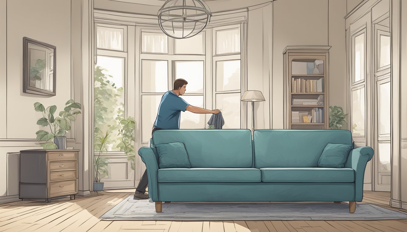 A person removes an old sofa from a room