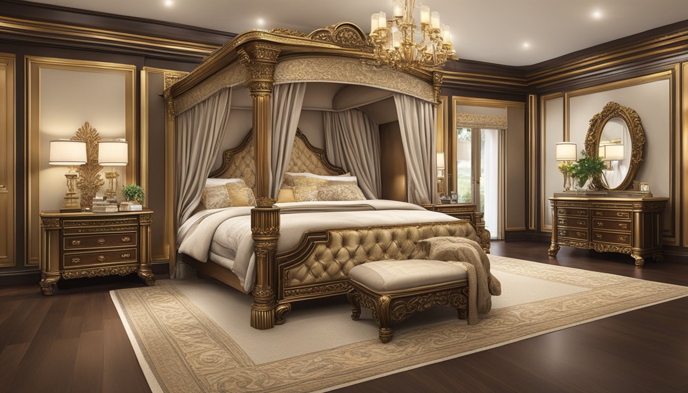 A grand king size bed dwarfs a regal queen size bed in a luxurious bedroom suite. Rich fabrics and ornate details adorn both beds, creating a sense of opulence and grandeur