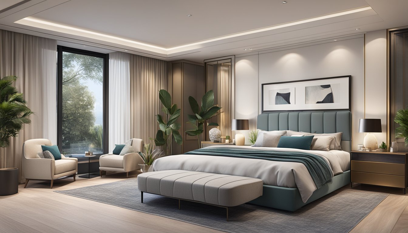 A spacious bedroom with a luxurious king size bed on one side and a cozy queen size bed on the other, showcasing the contrast between cost, comfort, and personal preference