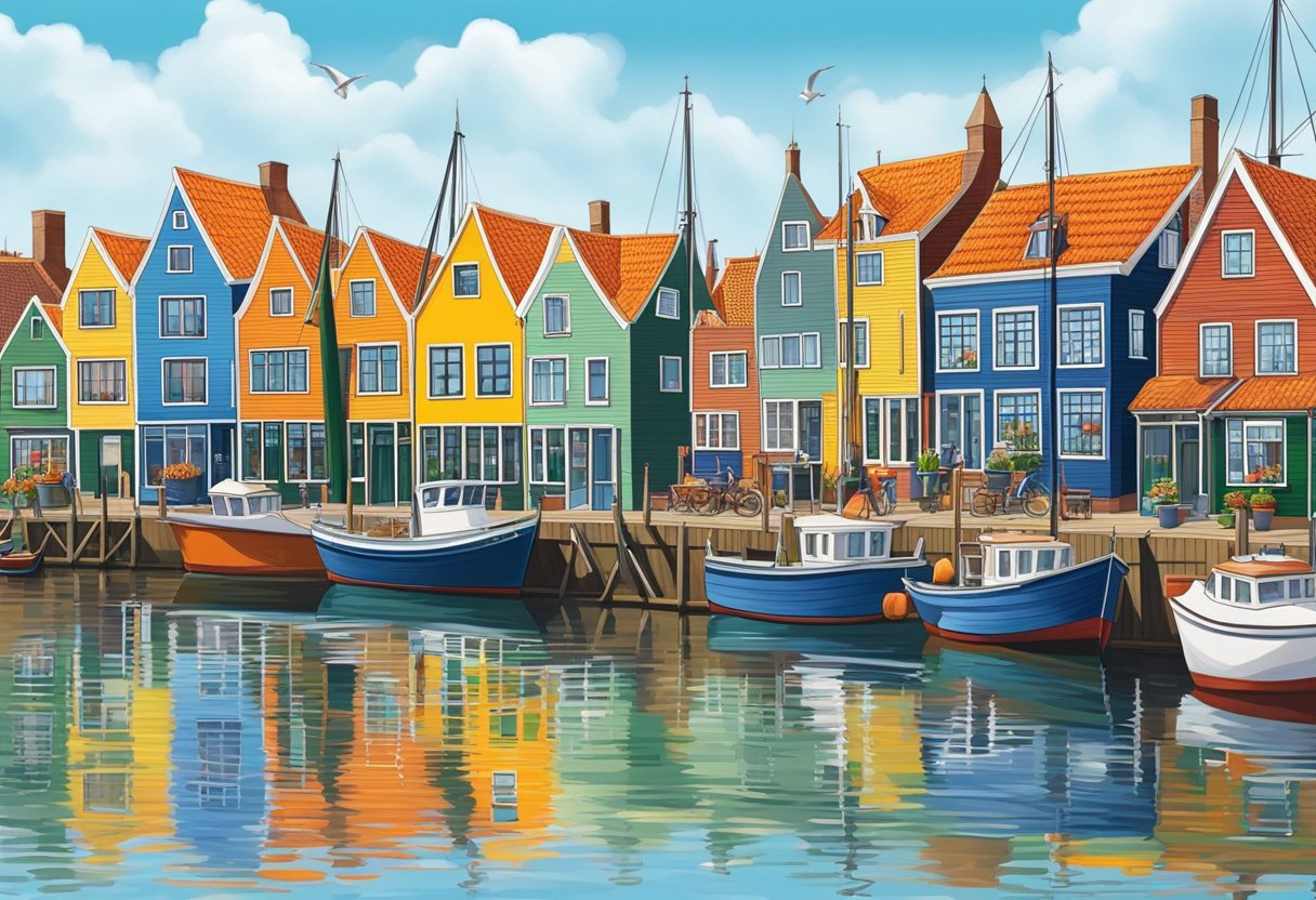The colorful houses of Volendam line the waterfront, reflecting in the calm waters of the harbor. Fishing boats bob gently in the harbor, while seagulls wheel overhead