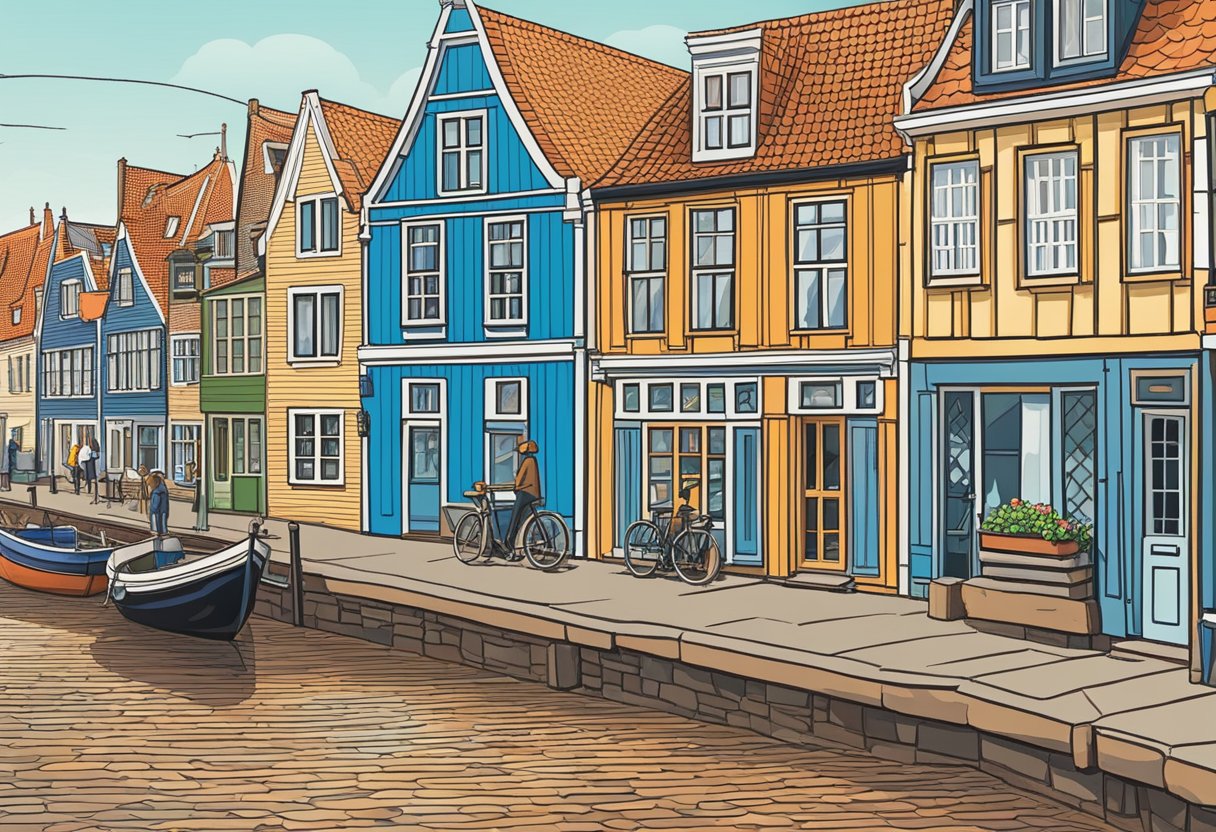 Colorful houses line the cobblestone streets of Volendam. Tourists stroll along the harbor, admiring the traditional Dutch architecture and fishing boats