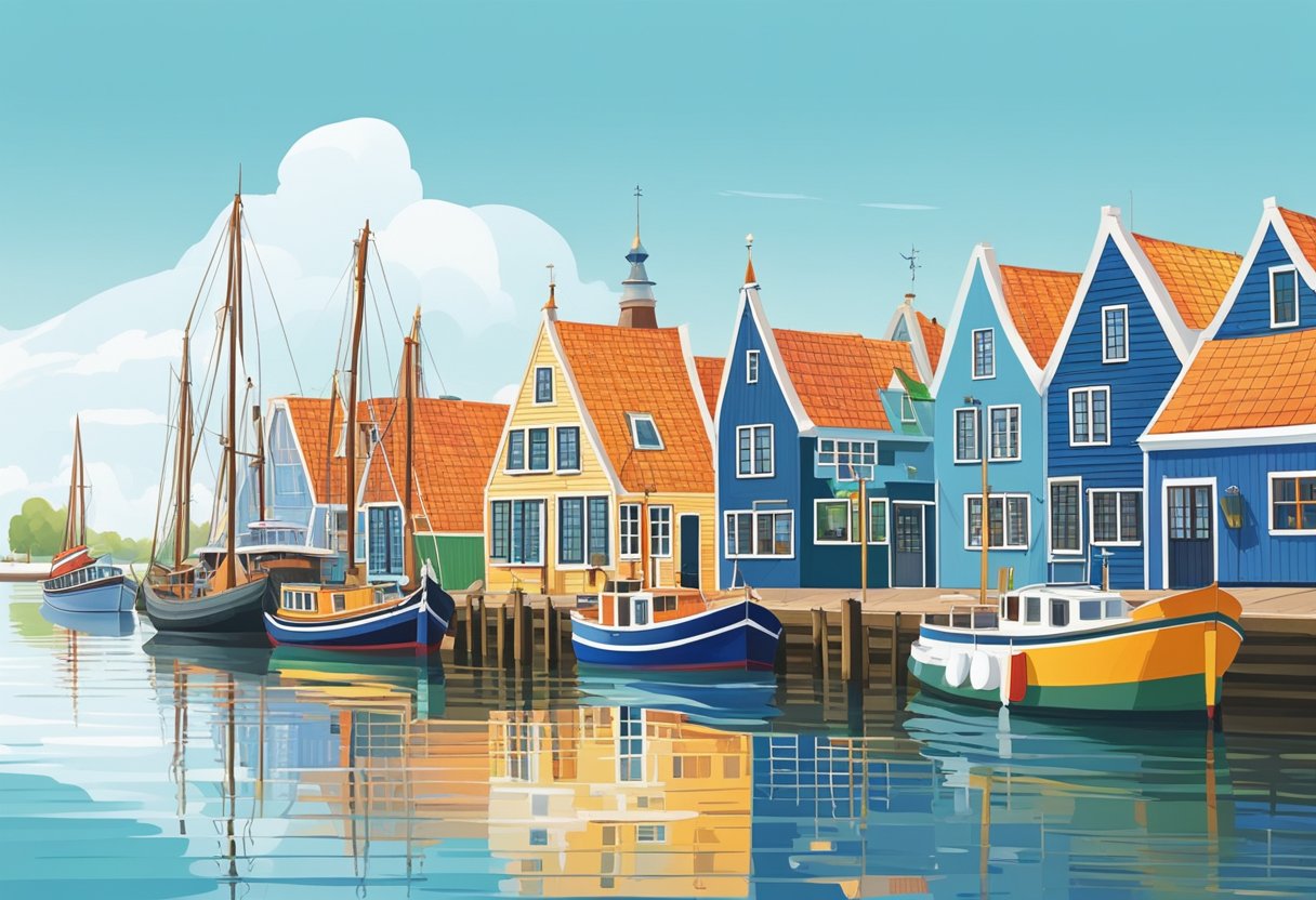 Colorful boats line the harbor of Volendam, with traditional Dutch houses and windmills in the background. The clear blue sky reflects in the calm waters, creating a serene and picturesque scene for an illustrator to recreate