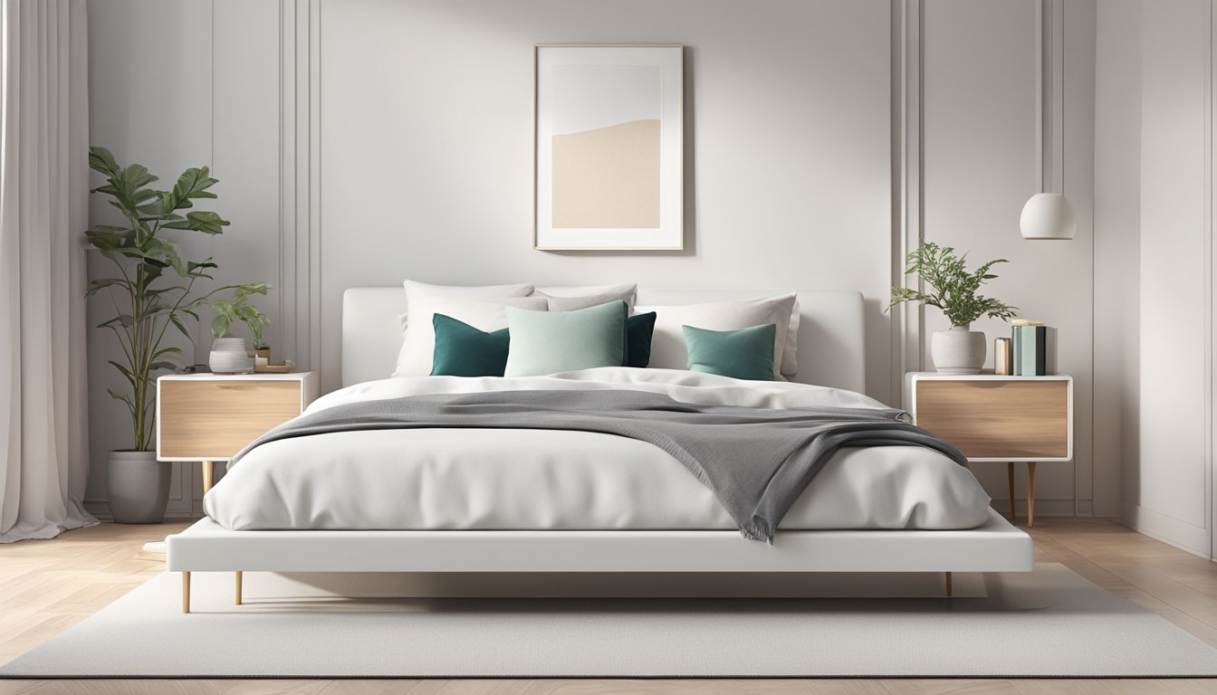 A white bed frame stands against a soft, pale wall, with clean lines and simple design