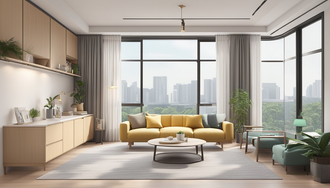 A spacious 5-room HDB with modern furniture, large windows, and a minimalist color scheme