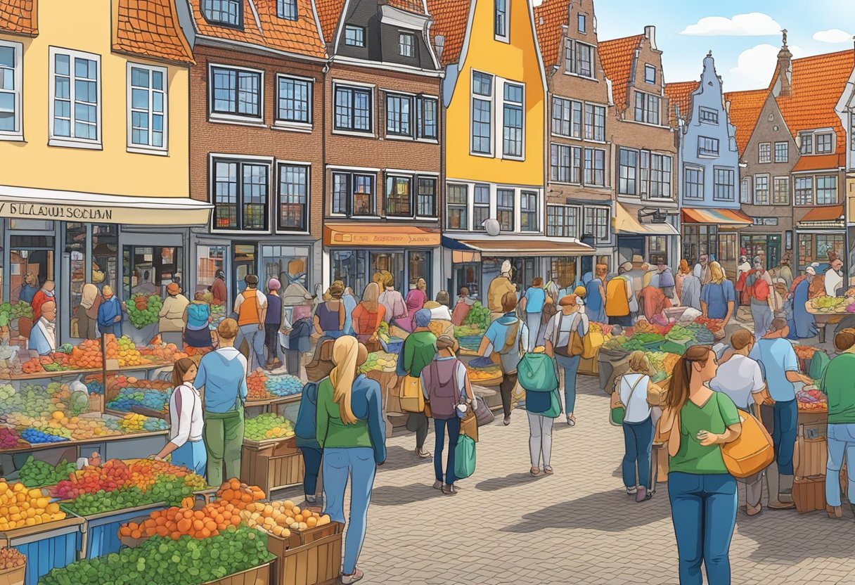 A bustling market square in Volendam, with colorful stalls and crowds of tourists browsing local crafts and souvenirs