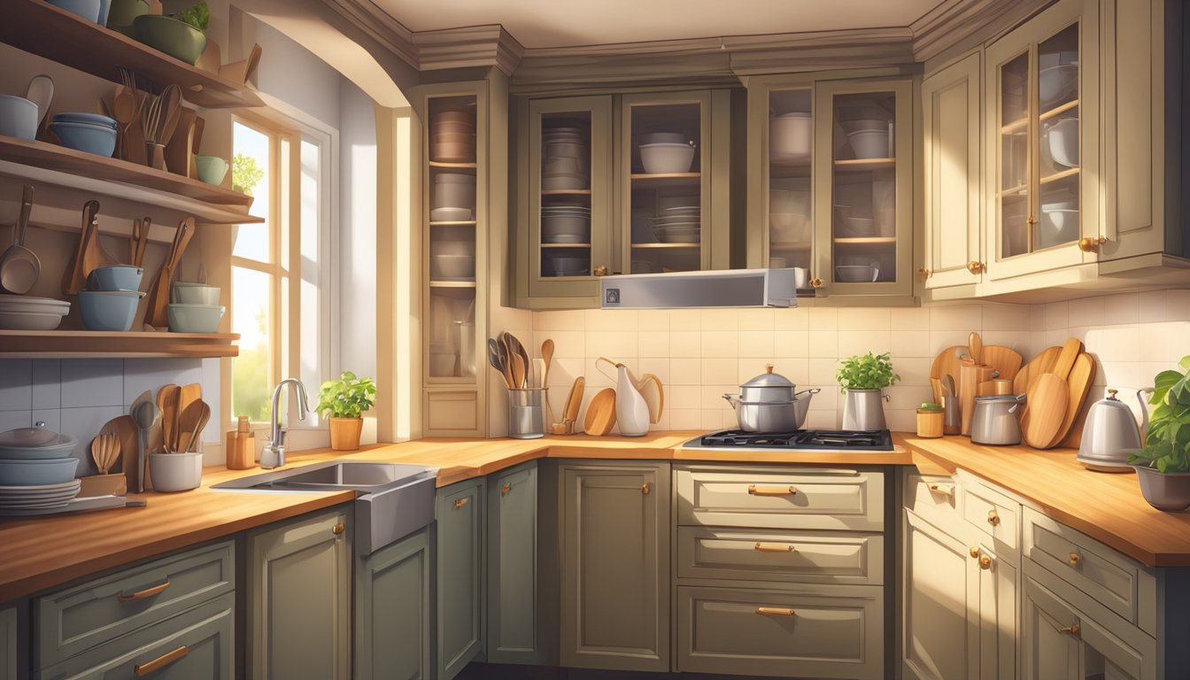 A corner kitchen cabinet with open doors, revealing neatly organized pots, pans, and utensils. Light from the window casts a warm glow on the wooden shelves