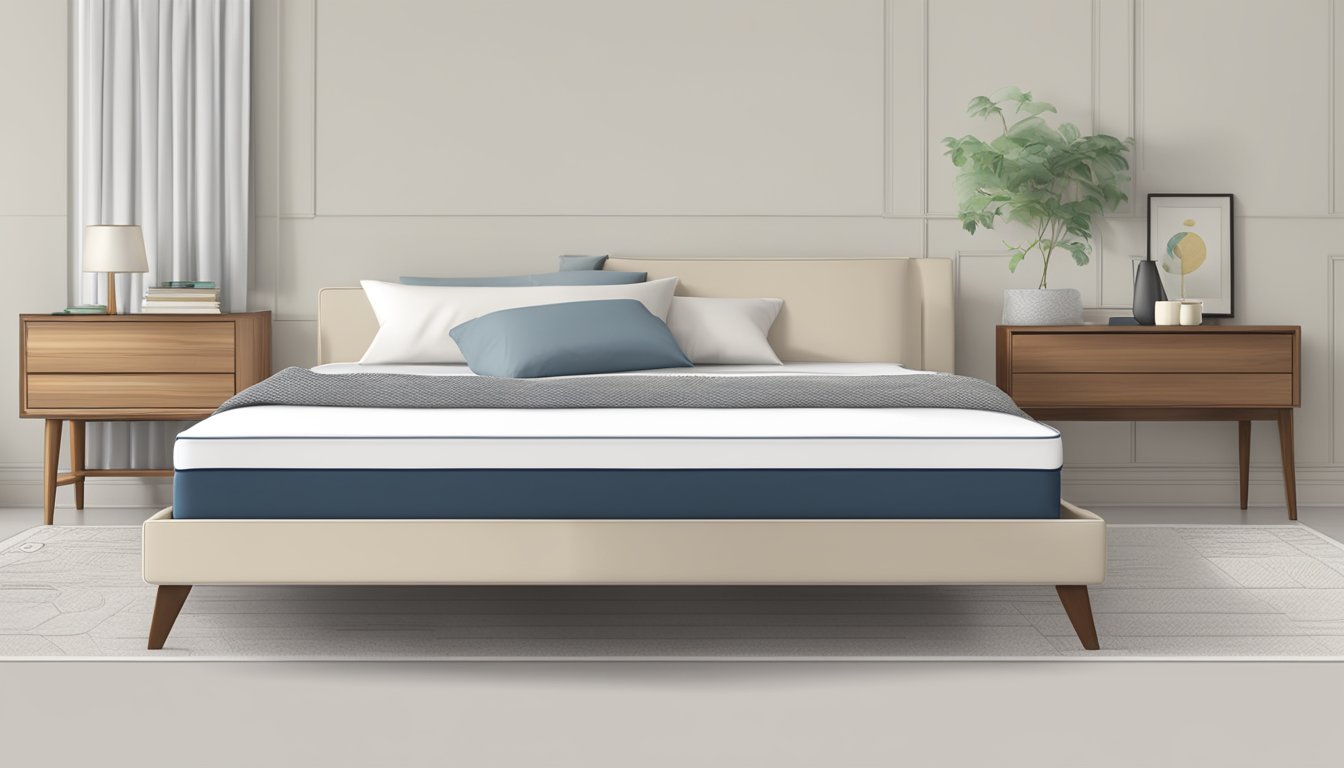 A large bed with a king size and queen size mattress side by side, with a measuring tape or ruler nearby for comparison