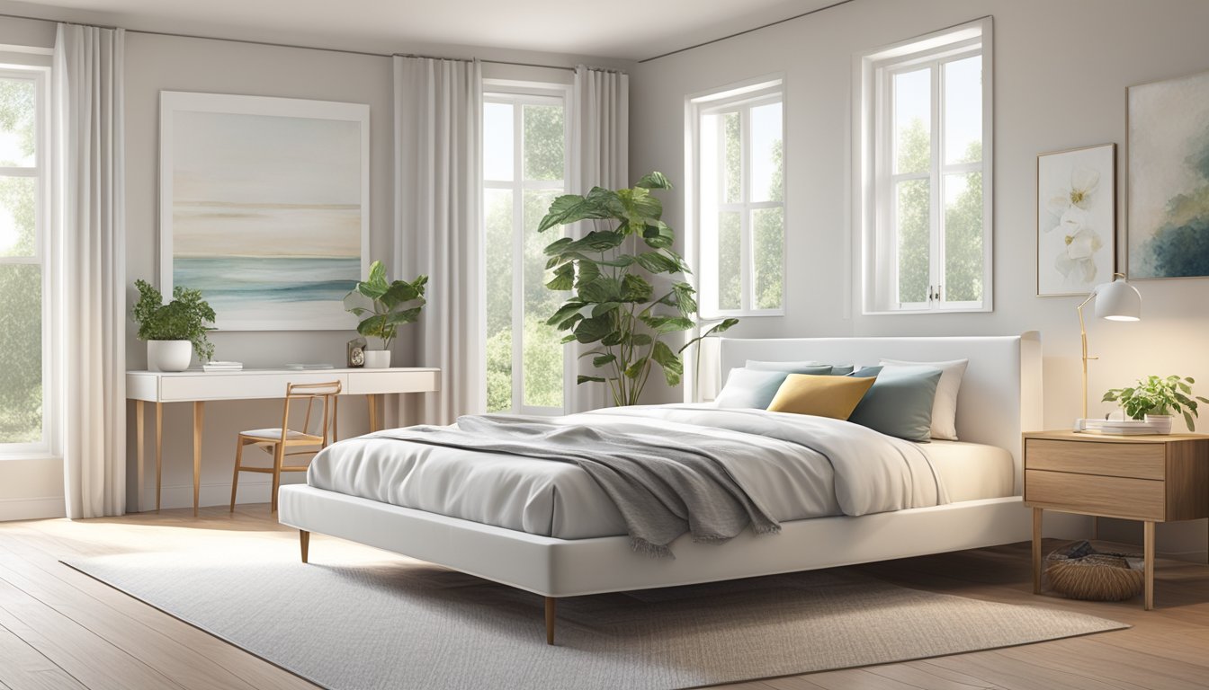 A bright, airy bedroom with a pristine white bed frame as the focal point. The frame is sleek and modern, with clean lines and a minimalist design. The room is bathed in natural light, creating a serene and tranquil atmosphere