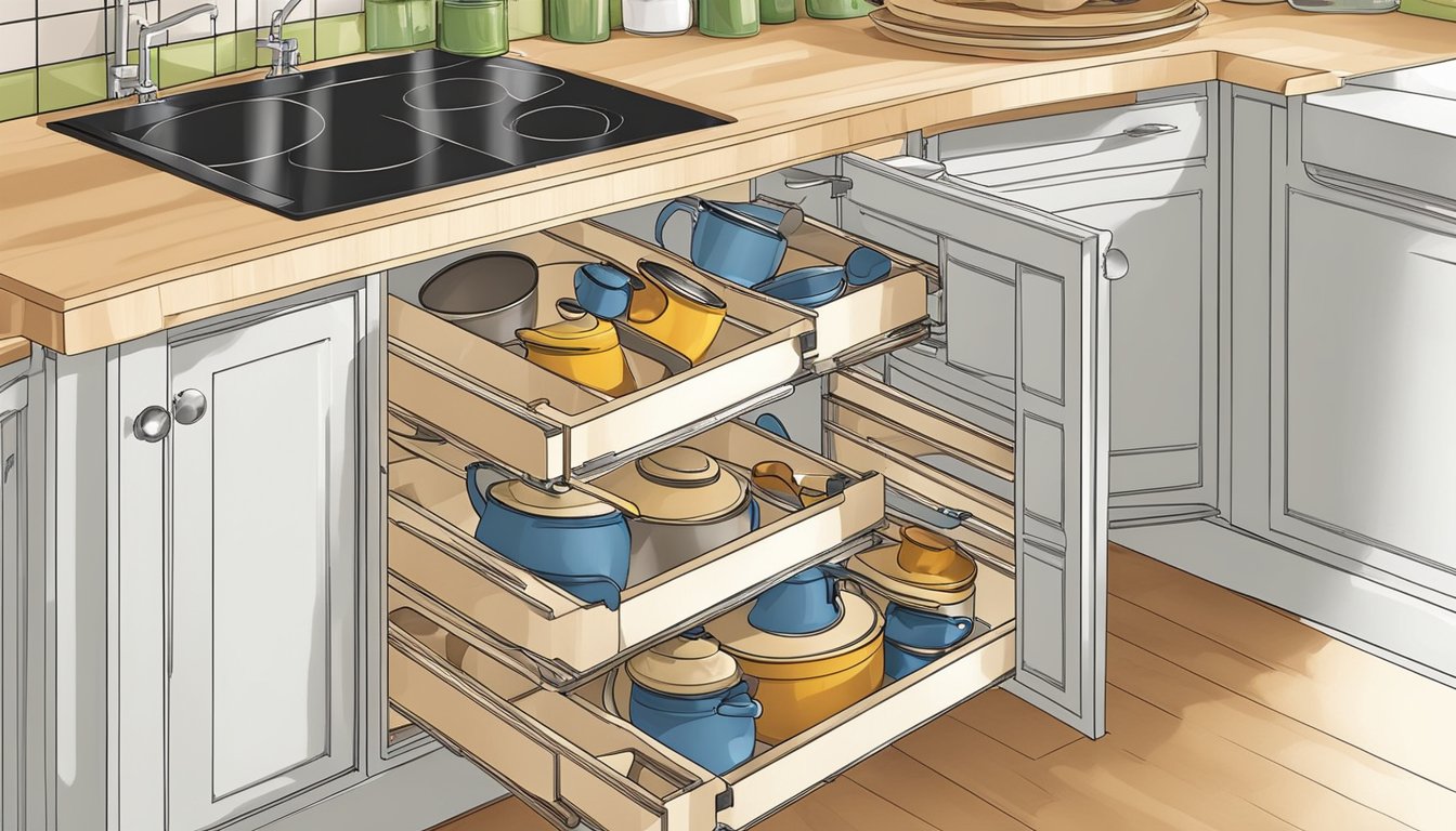 A corner kitchen cabinet neatly organizes pots, pans, and utensils. Shelves and drawers efficiently maximize space