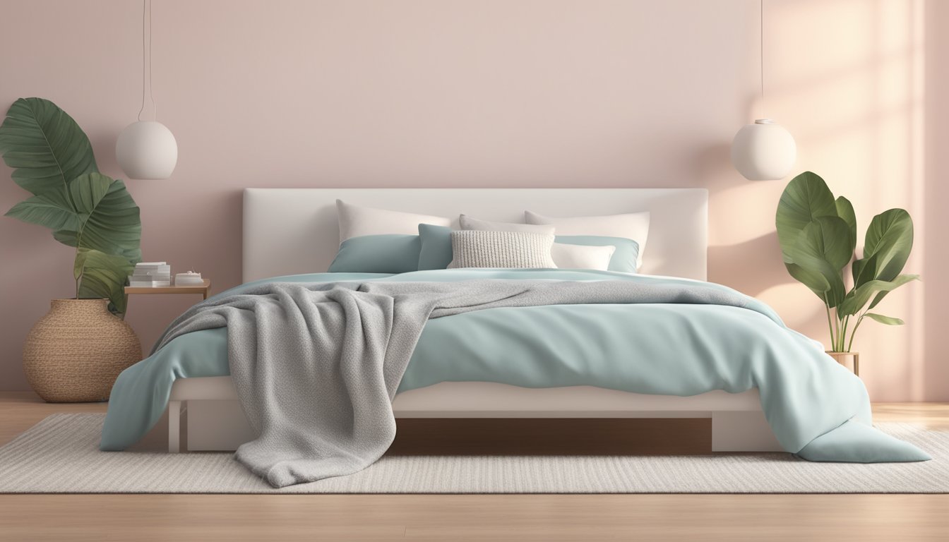 A white bed frame stands against a soft, pastel-colored wall, with a cozy throw blanket and fluffy pillows arranged neatly on top