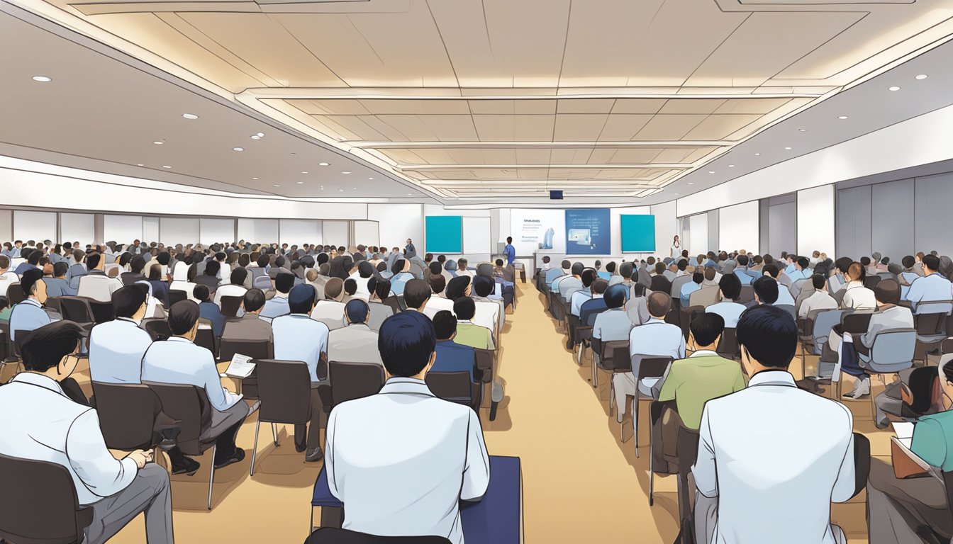 The bustling conference hall at the Annual Scientific Meeting of the Singapore Cardiology Society, with researchers presenting findings and attendees engaged in academic discussions
