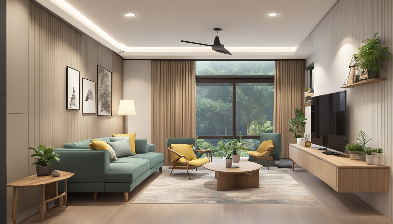 A spacious HDB 5-room flat with modern furnishings, natural lighting, and a cozy living area