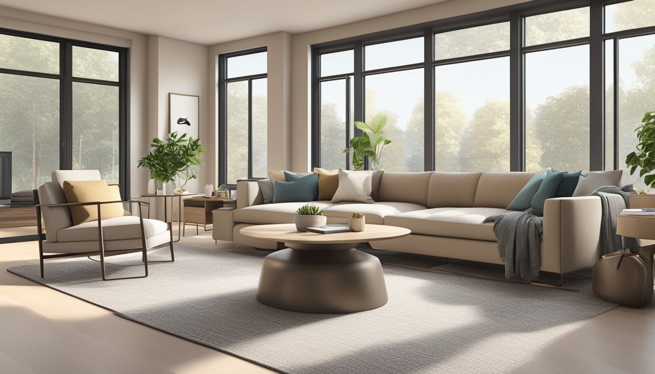 A modern living room with minimalist furniture, neutral colors, and large windows letting in natural light