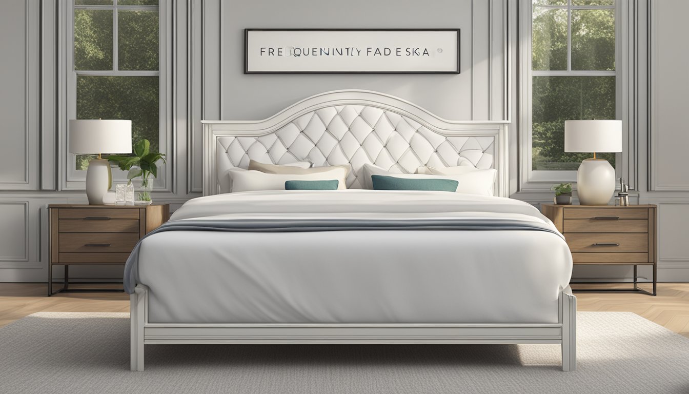 A white bed frame with "Frequently Asked Questions" written on the headboard