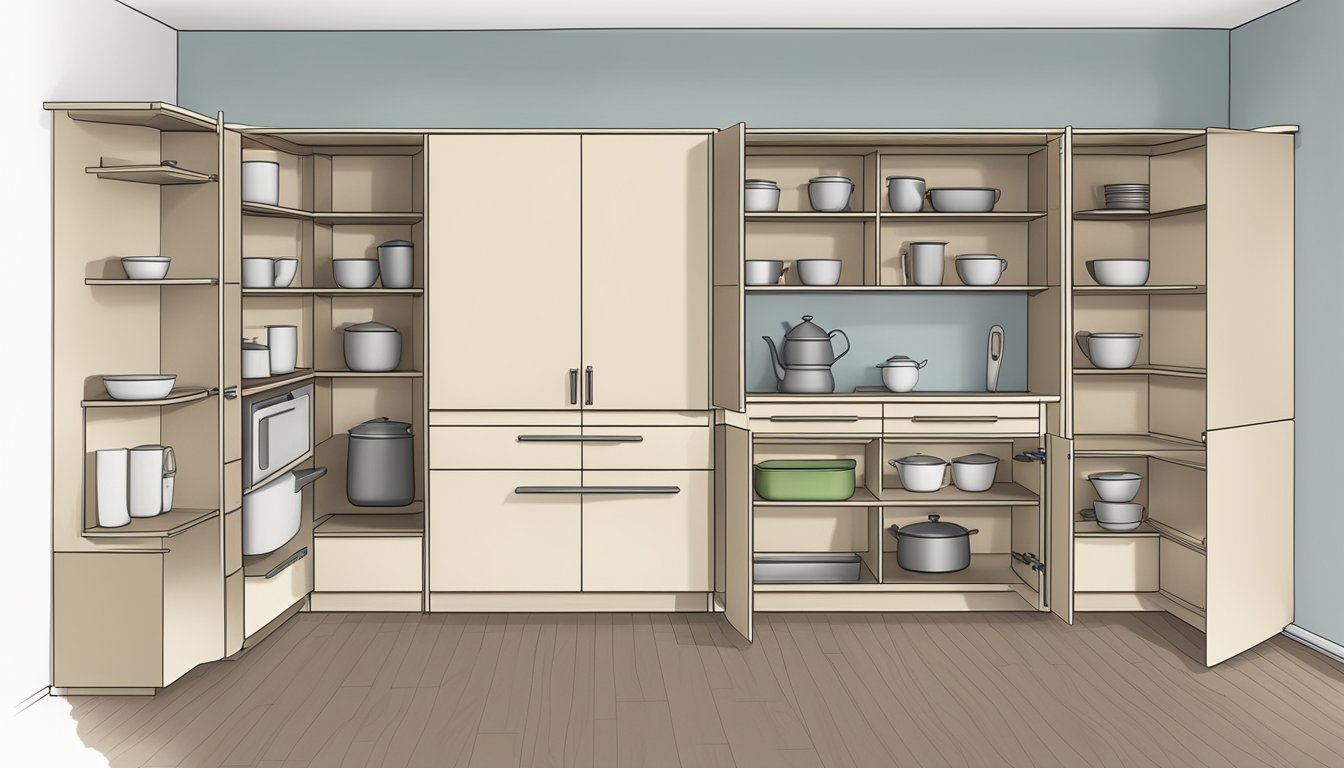 A corner kitchen cabinet with open doors revealing neatly organized shelves and storage solutions