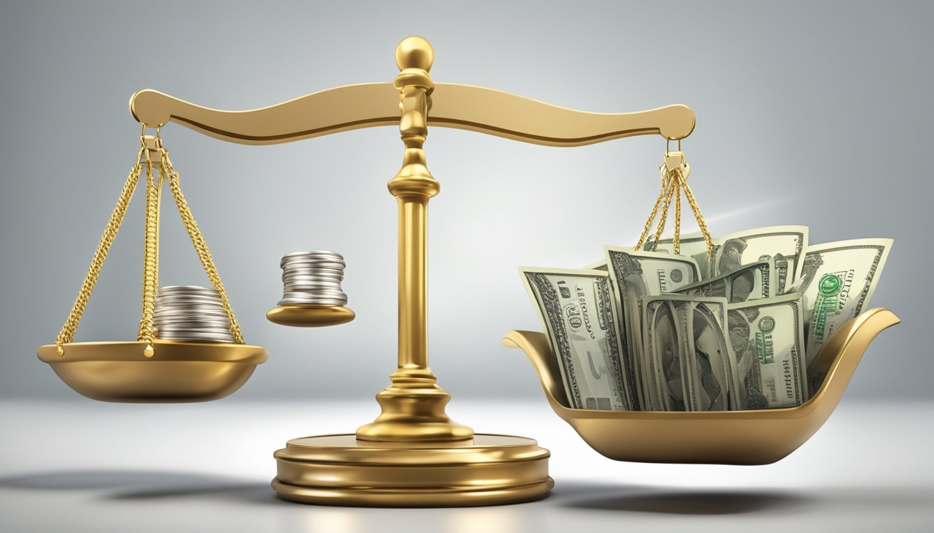 A scale with currency symbols on one side and a gavel on the other, symbolizing the balance between legal fees and justice