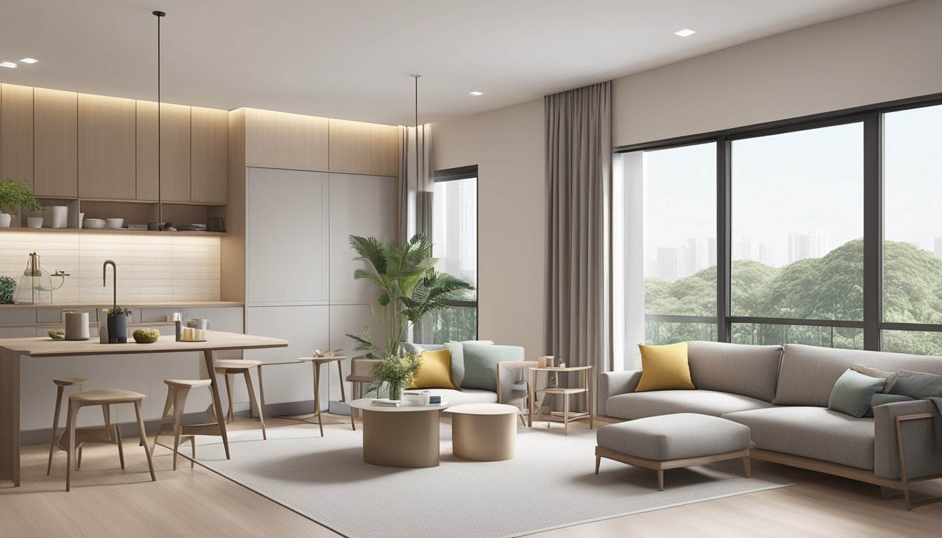 A modern 5-room HDB with clean lines, neutral colors, and minimalist furniture. Large windows let in natural light, showcasing sleek fixtures and geometric patterns