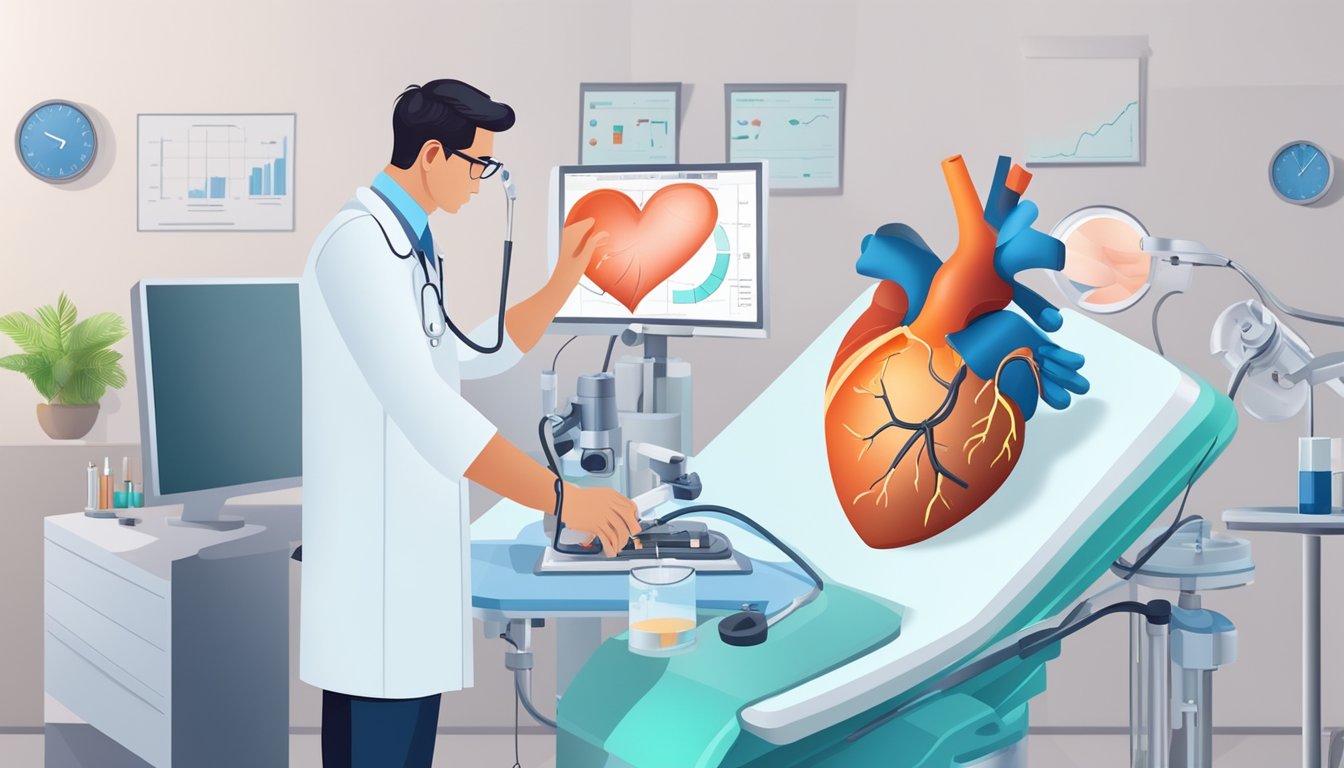 A cardiologist examines a patient's heart with advanced technology, surrounded by medical equipment and charts
