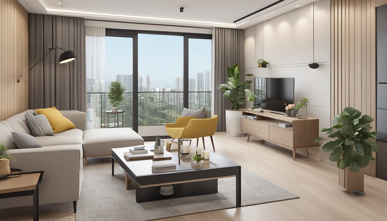 A modern 5-room HDB design with sleek furniture, neutral color palette, and ample natural light. Open layout with a spacious living area and a stylish dining space