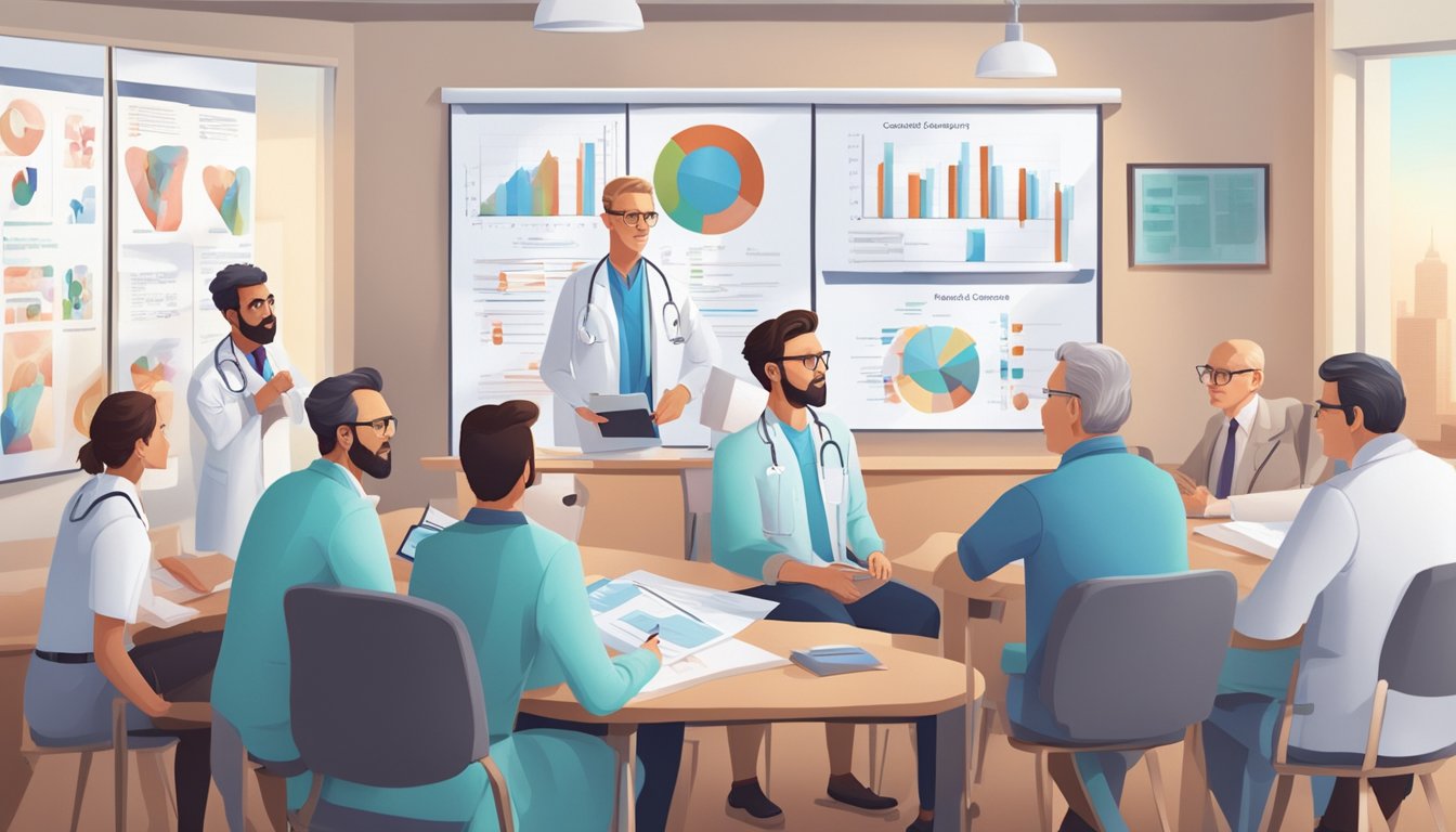 A group of cardiologists gathered around a table, discussing and answering frequently asked questions about cardiology, with posters and charts on the walls