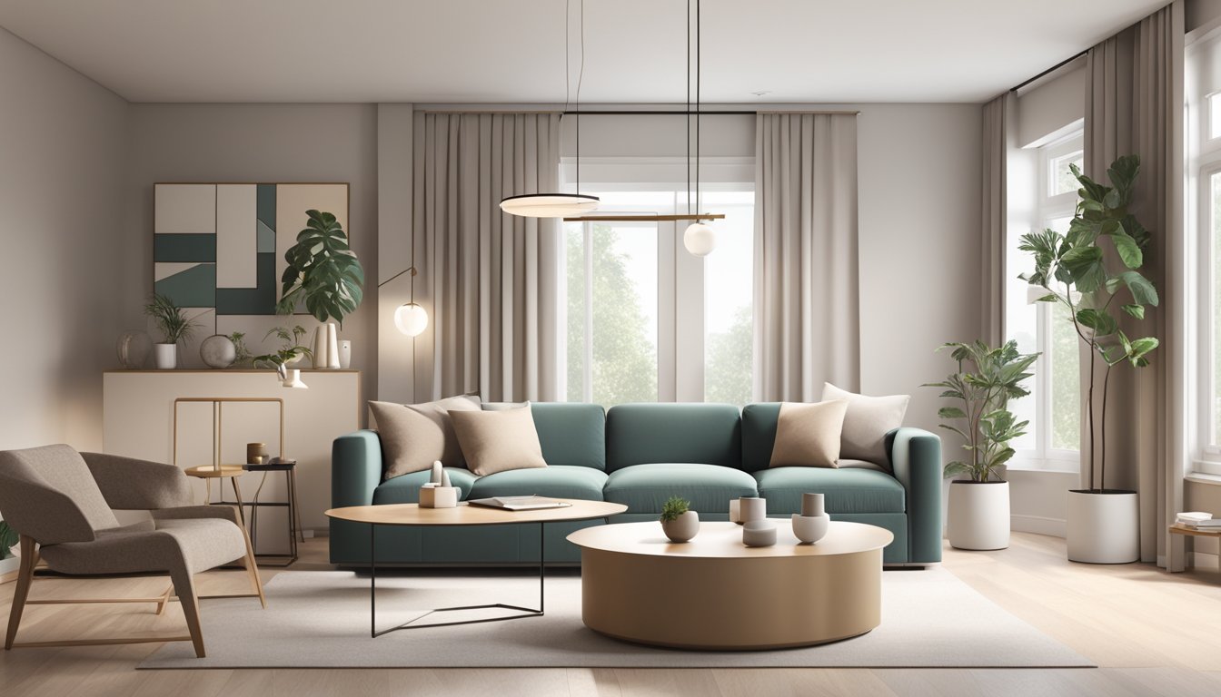 A modern living room with clean lines, neutral colors, and geometric shapes. Minimalist furniture and lighting create a sense of balance and harmony