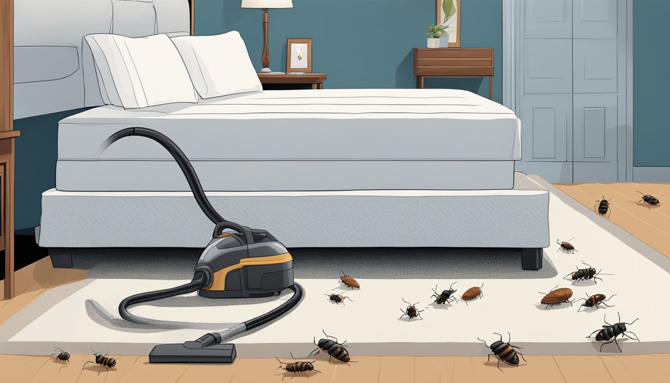A vacuum cleaner sucking up bed bugs from a mattress