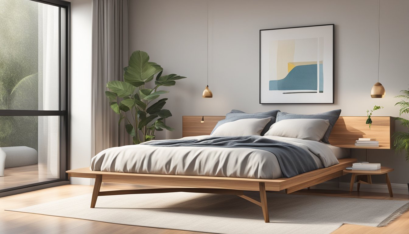 A wood platform bed sits in a minimalist bedroom, with clean lines and natural light streaming in