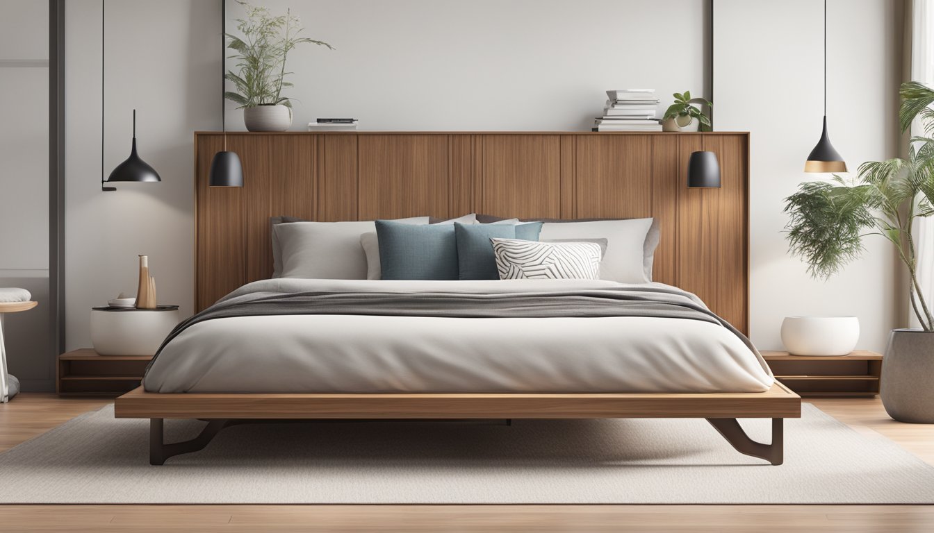 A sleek wood platform bed with clean lines and minimalist design, accented with subtle details and a warm, natural finish