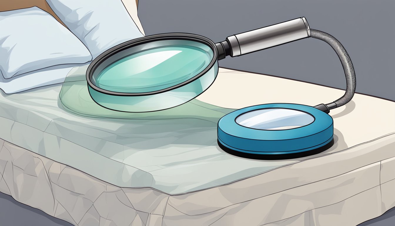 A magnifying glass inspects a mattress seam for bed bugs. A vacuum and steamer stand nearby