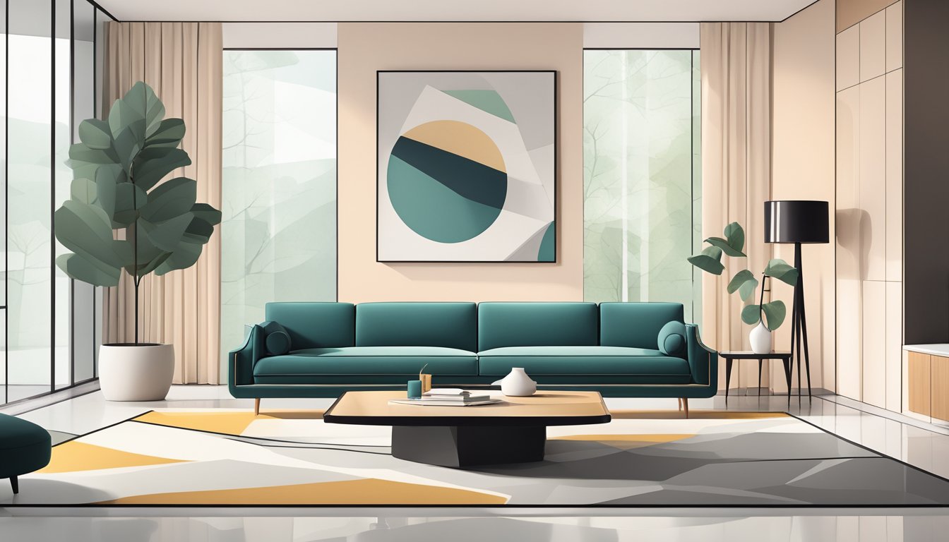 A sleek, minimalist living room with clean lines and geometric shapes. A mid-century modern sofa, a glass coffee table, and a sculptural floor lamp complete the modernist aesthetic