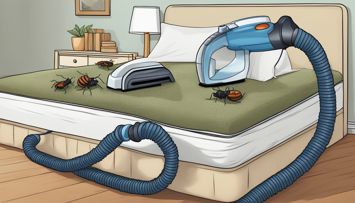 A vacuum cleaner sucking up bed bugs from a mattress