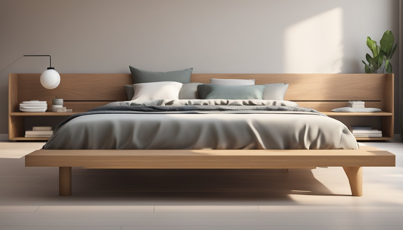 A sturdy wood platform bed with clean lines and minimalistic design, set against a backdrop of neutral-colored walls and soft, natural lighting