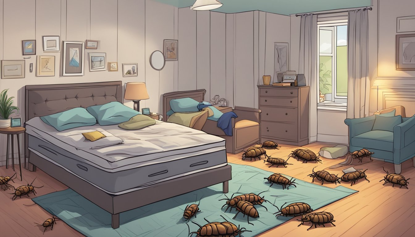 Bed bugs crawling out of a mattress, while a person frantically searches for solutions in a cluttered room
